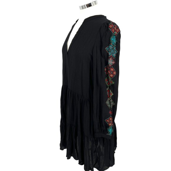 Desigual Ethnic Sleeve Embroidery Print Black Tiered Boho Dress Size Small - Picture 4 of 13